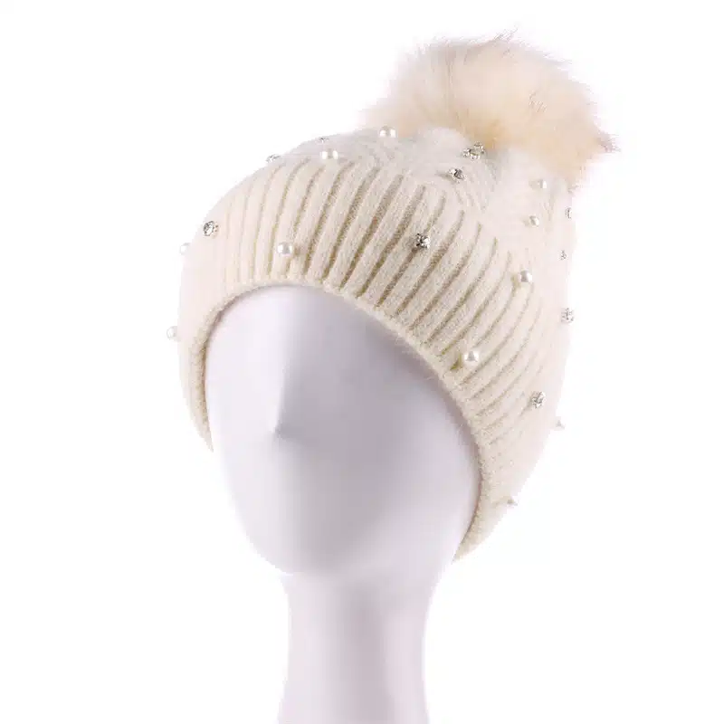 Custom Women's Fleece-Lined Knit Beanie with Rhinestones and Pom Pom